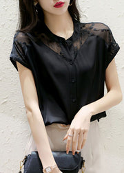 Boutique Black Stand Collar Embroidered Patchwork Silk Top Summer