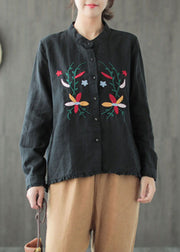 Boutique Black Stand Collar Embroidered Ruffled Low High Design Linen Shirt Long Sleeve