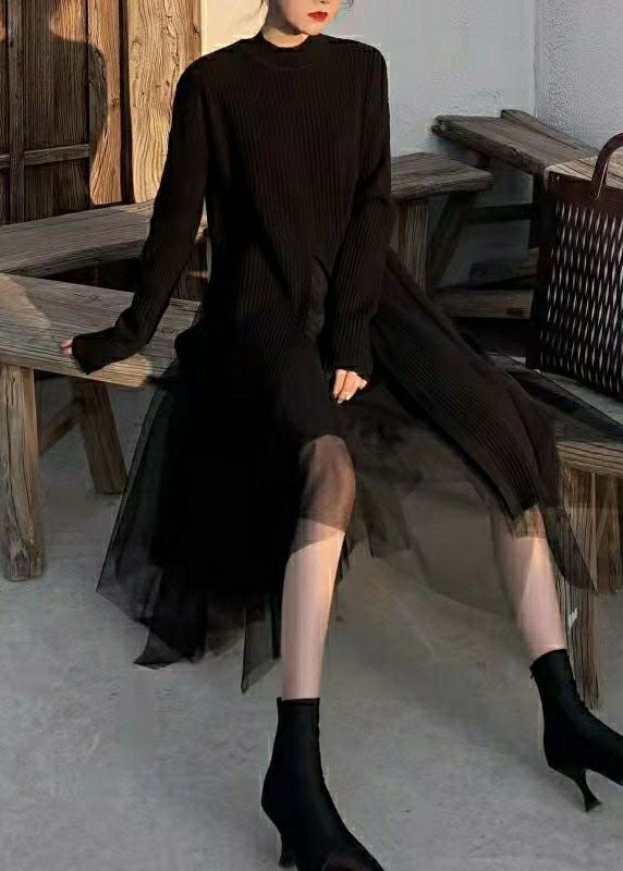 Boutique Black Stand Collar Front Open Knit Tops And Skirts Two Pieces Set Spring