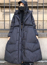Boutique Black Stand Collar Hooded Drawstring Pockets Duck Down Cinch Coats Winter