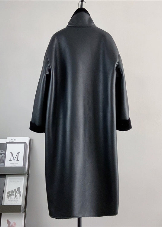 Boutique Black Stand Collar Leather And Fur Warm Coat Winter