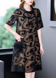 Boutique Black Stand Collar Pockets Floral Patchwork Silk Mid Dresses Summer