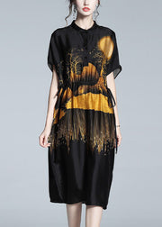 Boutique Black Stand Collar Print Drawstring Silk Dresses Summer