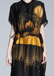 Boutique Black Stand Collar Print Drawstring Silk Dresses Summer