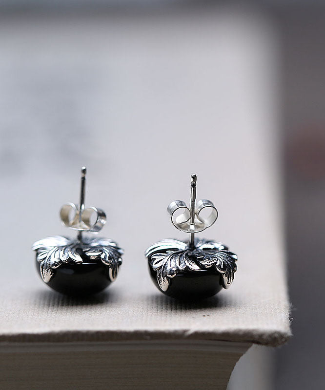 Boutique Black Sterling Silver Agate Stud Earrings