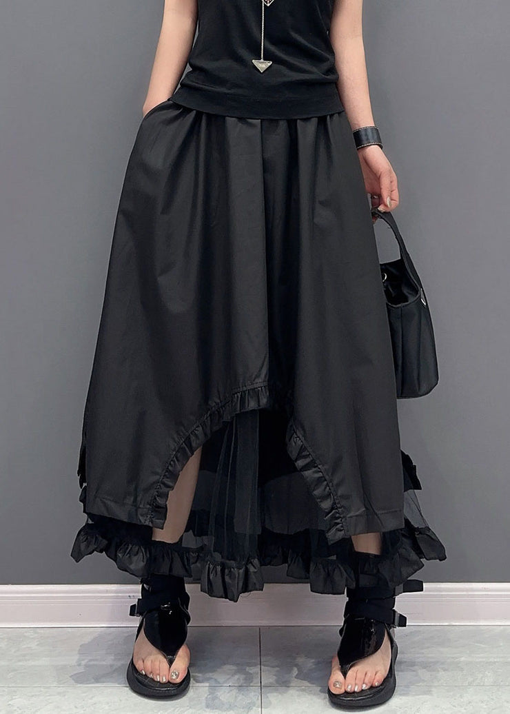 Boutique Black Tulle Ruffled Pockets Patchwork Cotton Skirts Summer