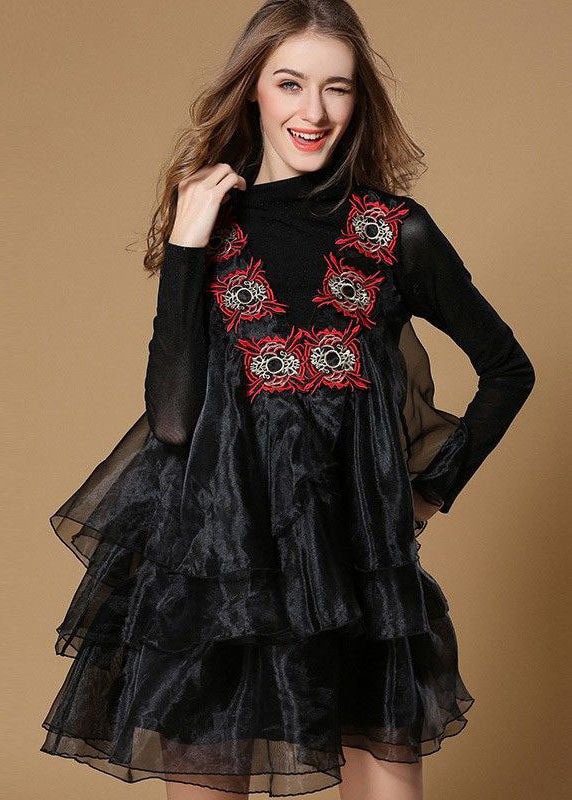 Boutique Black Turtle Neck Embroidered Ruffles Patchwork Organza Mini Dress Spring