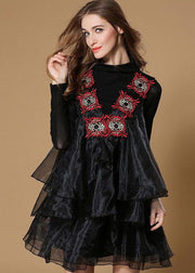 Boutique Black Turtle Neck Embroidered Ruffles Patchwork Organza Mini Dress Spring