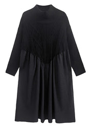 Boutique Black Turtleneck Patchwork Wrinkled Knit Maxi Dresses Winter