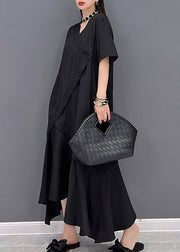 Boutique Black V Neck Asymmetrical Patchwork Long Dress Short Sleeve