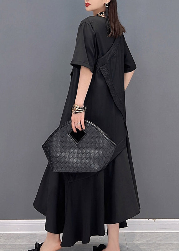 Boutique Black V Neck Asymmetrical Patchwork Long Dress Short Sleeve