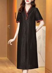 Boutique Black V Neck Embroidered Patchwork Silk Dresses Summer