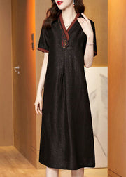 Boutique Black V Neck Embroidered Patchwork Silk Dresses Summer