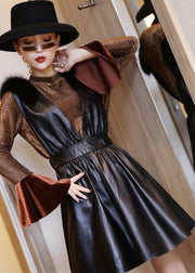 Boutique Black V Neck Fox collar Slim Fit Sheepskin Dress Sleeveless