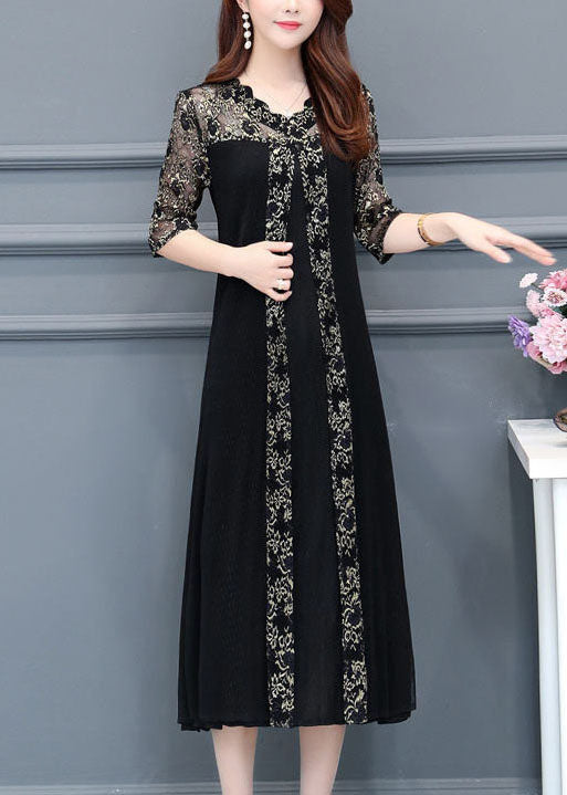 Boutique Black V Neck Lace Patchwork Silk A Line Dresses Half Sleeve