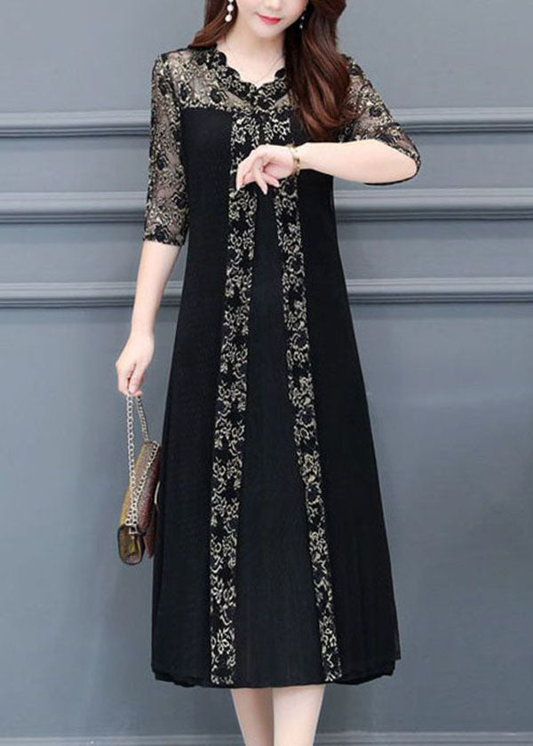 Boutique Black V Neck Lace Patchwork Silk A Line Dresses Half Sleeve