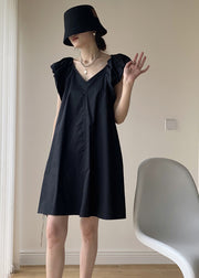 Boutique Black V Neck Patchwork Cotton Mid Dresses Summer