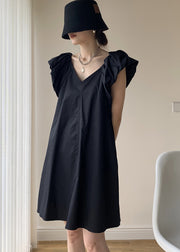 Boutique Black V Neck Patchwork Cotton Mid Dresses Summer