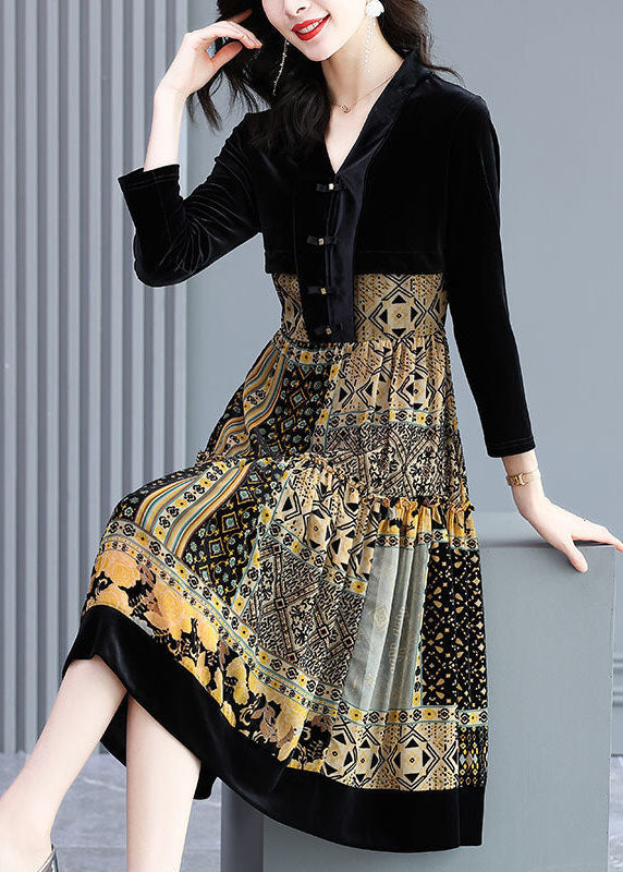 Boutique Black V Neck Patchwork Exra Large Hem Silk Velour Holiday Dress Spring