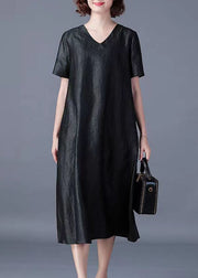 Boutique Black V Neck Pockets Patchwork Loose Silk Dress Summer