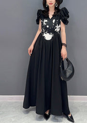 Boutique Black V Neck Print Elastic Waist Maxi Dress Short Sleeve