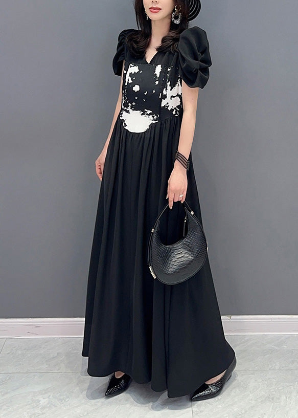 Boutique Black V Neck Print Elastic Waist Maxi Dress Short Sleeve
