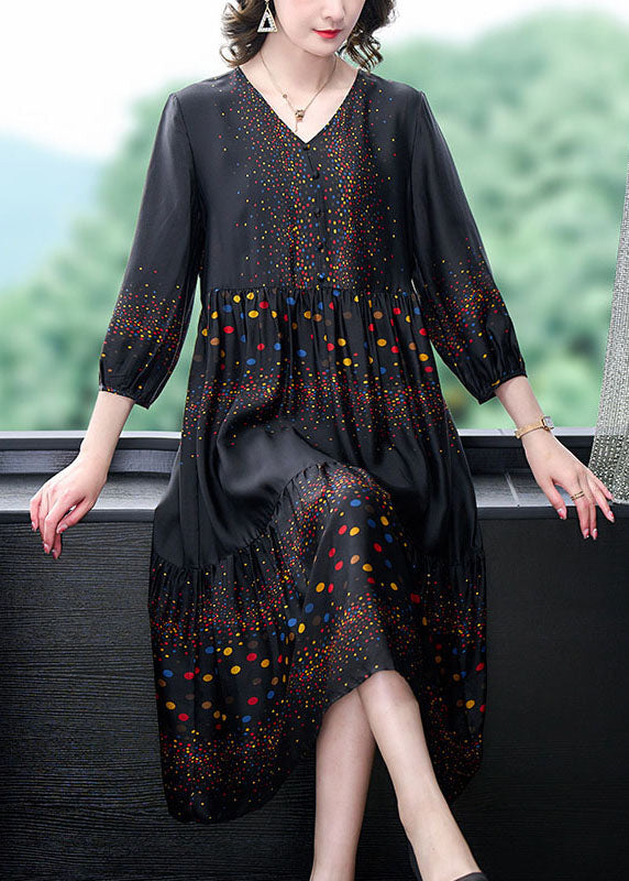 Boutique Black V Neck Print Wrinkled Patchwork Silk Dresses Summer