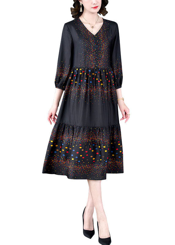 Boutique Black V Neck Print Wrinkled Patchwork Silk Dresses Summer