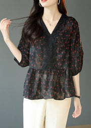 Boutique Black V Neck Wrinkled Print Lace Patchwork Chiffon Shirts Spring