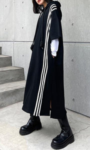 Boutique Black hooded Cotton side open Summer Dresses - SooLinen