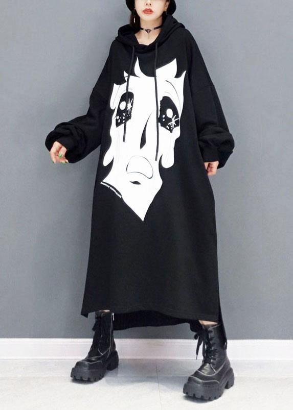Boutique Black hooded Print Side Open Long Dress Fall Long Sleeve - SooLinen