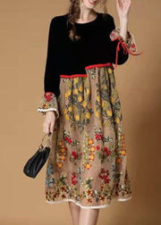 Boutique Black yellow flower Embroidered Patchwork Velour Dresses Winter