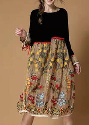 Boutique Black yellow flower Embroidered Patchwork Velour Dresses Winter