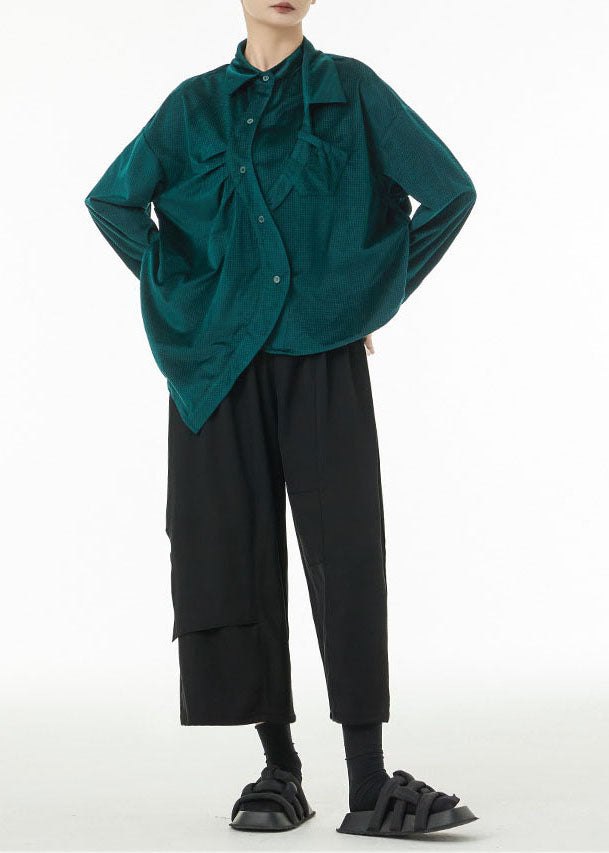 Boutique Blackish Green Asymmetrical Wrinkled Silk Velour Shirts Spring