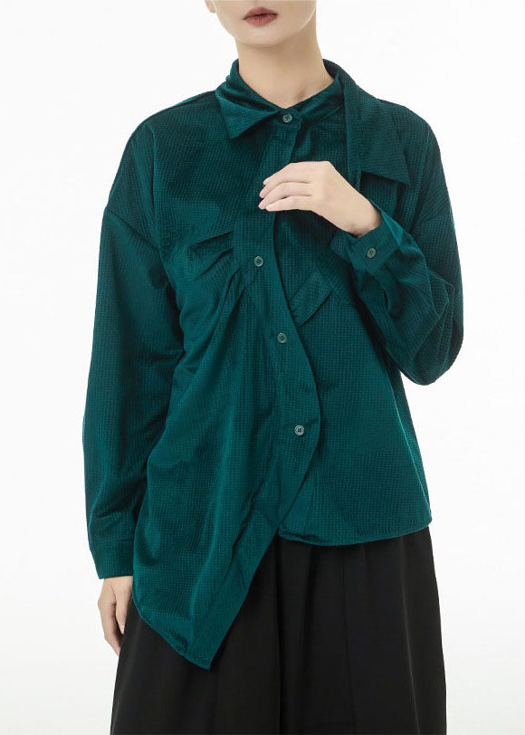 Boutique Blackish Green Asymmetrical Wrinkled Silk Velour Shirts Spring
