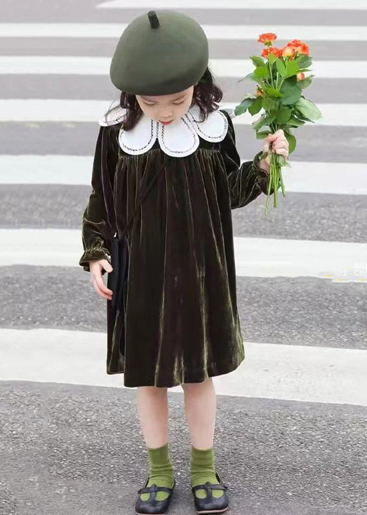 Boutique Blackish Green Wrinkled Patchwork Velour Baby Girls Dress Fall