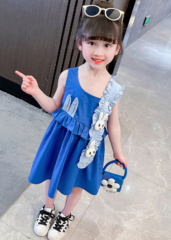Boutique Blue Asymmetrical Patchwork Ruffled Kids Vacation Mid Dress Sleeveless