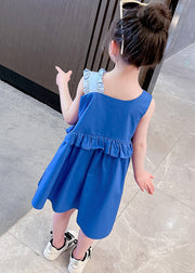 Boutique Blue Asymmetrical Patchwork Ruffled Kids Vacation Mid Dress Sleeveless