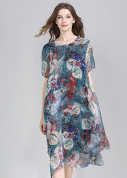 Boutique Blue Asymmetrical Print Patchwork Chiffon Mid Dress Summer