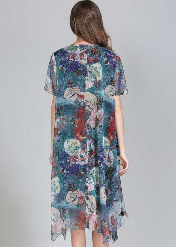 Boutique Blue Asymmetrical Print Patchwork Chiffon Mid Dress Summer