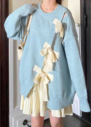 Boutique Blue Bow Patchwork Cute Fall Strickpullover