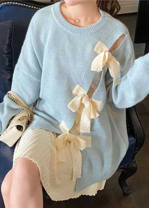 Boutique Blue Bow Patchwork Cute Fall Knit sweaters
