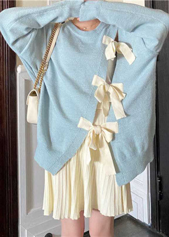 Boutique Blue Bow Patchwork Cute Fall Strickpullover