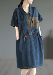 Boutique Blue Button Drawstring Pockets Patchwork Denim Mid Dress Summer