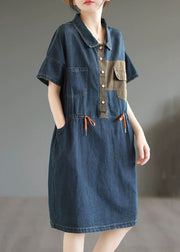 Boutique Blue Button Drawstring Pockets Patchwork Denim Mid Dress Summer