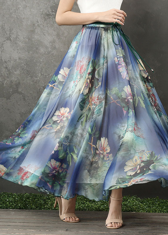 Boutique Blue Elastic Waist Drawstring Print Chiffon Skirt Summer