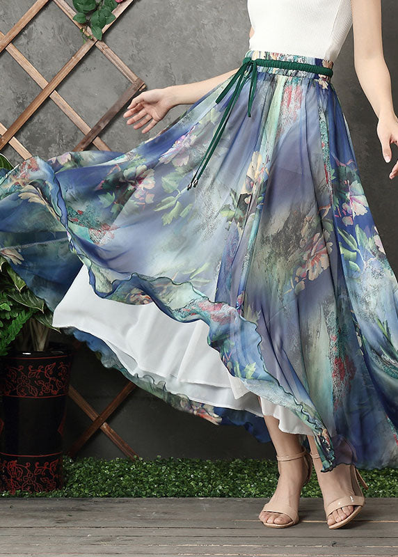 Boutique Blue Elastic Waist Drawstring Print Chiffon Skirt Summer
