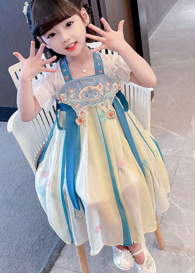 Boutique Blue Embroidered Cats Patchwork Chiffon Baby Girls Dresses Summer