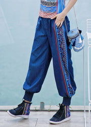 Boutique Blue Embroidered Elastic Waist Cotton Denim Harem Pants Spring