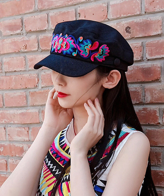 Boutique Blue Embroidered Floral Linen Silk Baseball Cap Hat